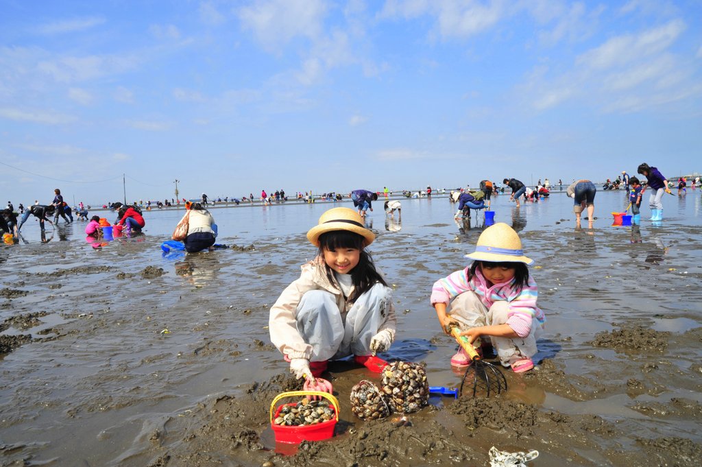 富津海岸潮干狩りの親子で貝採りに夢中